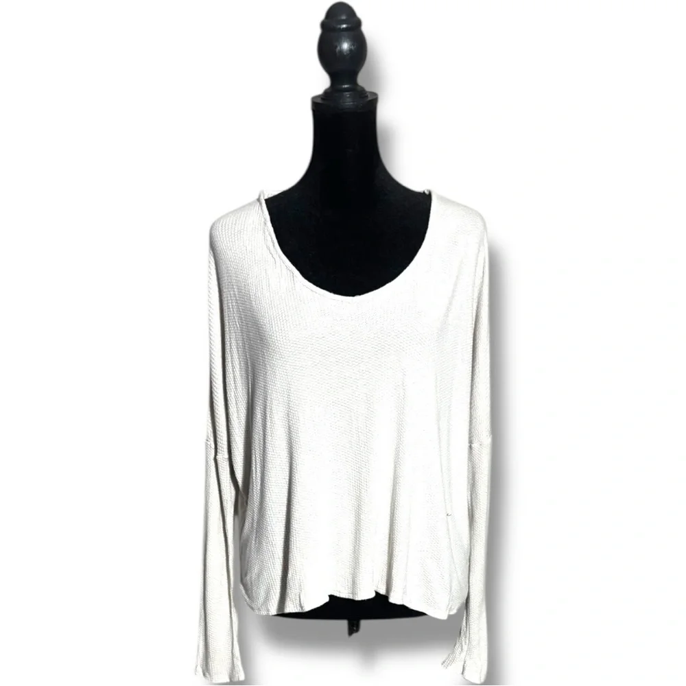 One Clothing Cream Thermal Knit Relaxed Fit Scoop Neck Comfy Long Sleeve Top